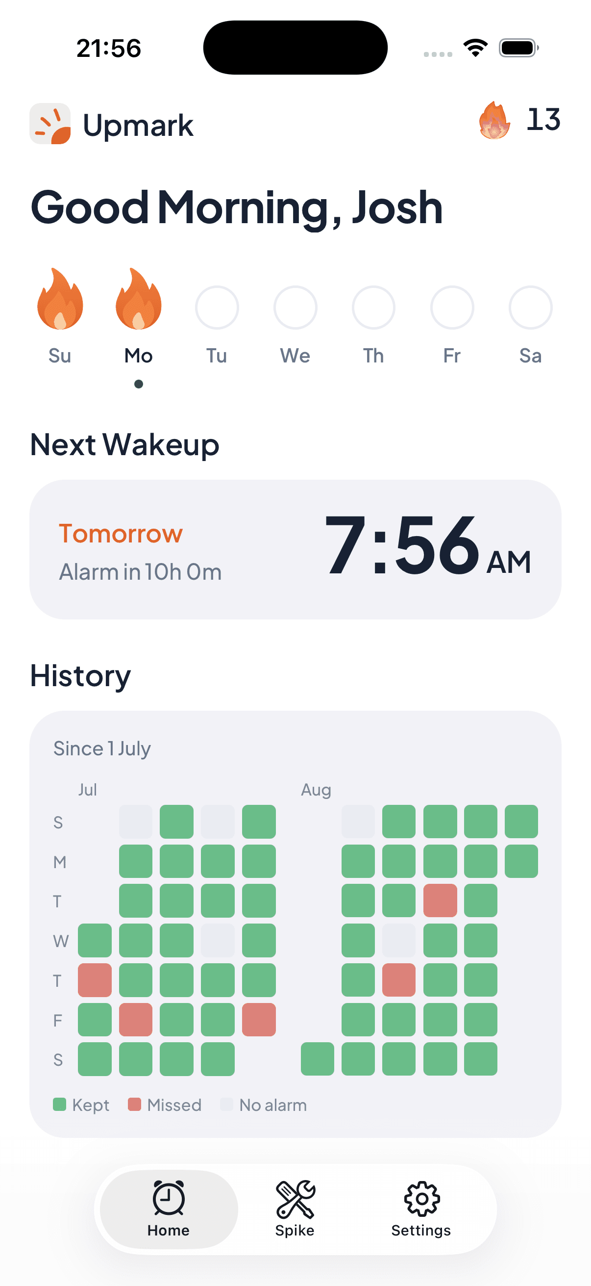 The Upmark home screen, with a streak of 13 and tomorrow's wake up time