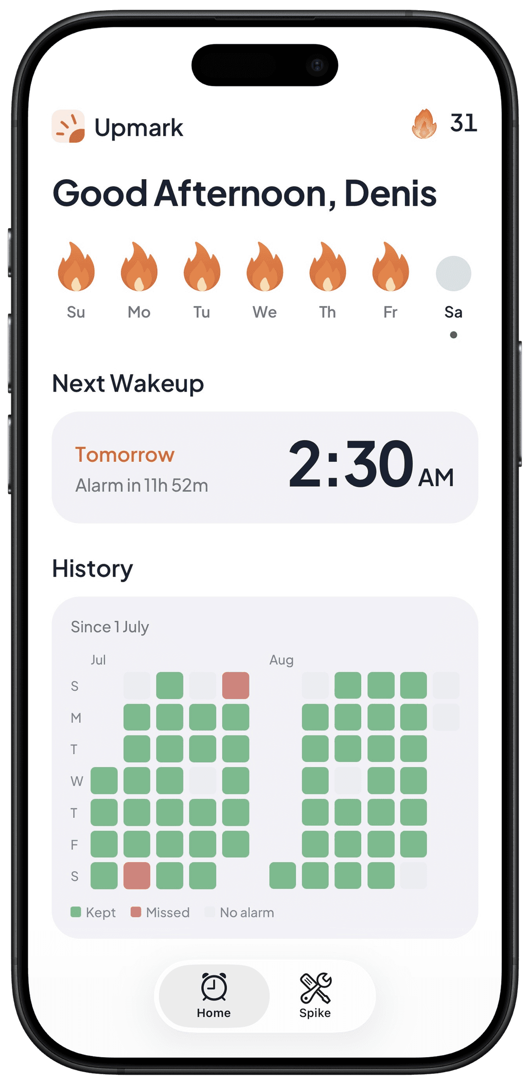 The Upmark home screen, showing a streak of 31, tomorrow's alarm and a history of kept and missed mornings.